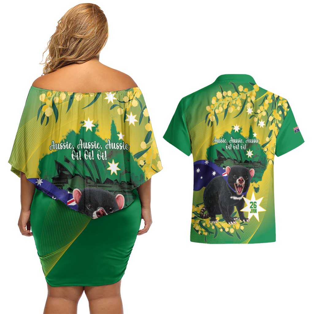 Tasimania Devil Australia Day Couples Matching Off Shoulder Short Dress and Hawaiian Shirt Aussie Aussie Aussie Oi! Oi! Oi! - Green