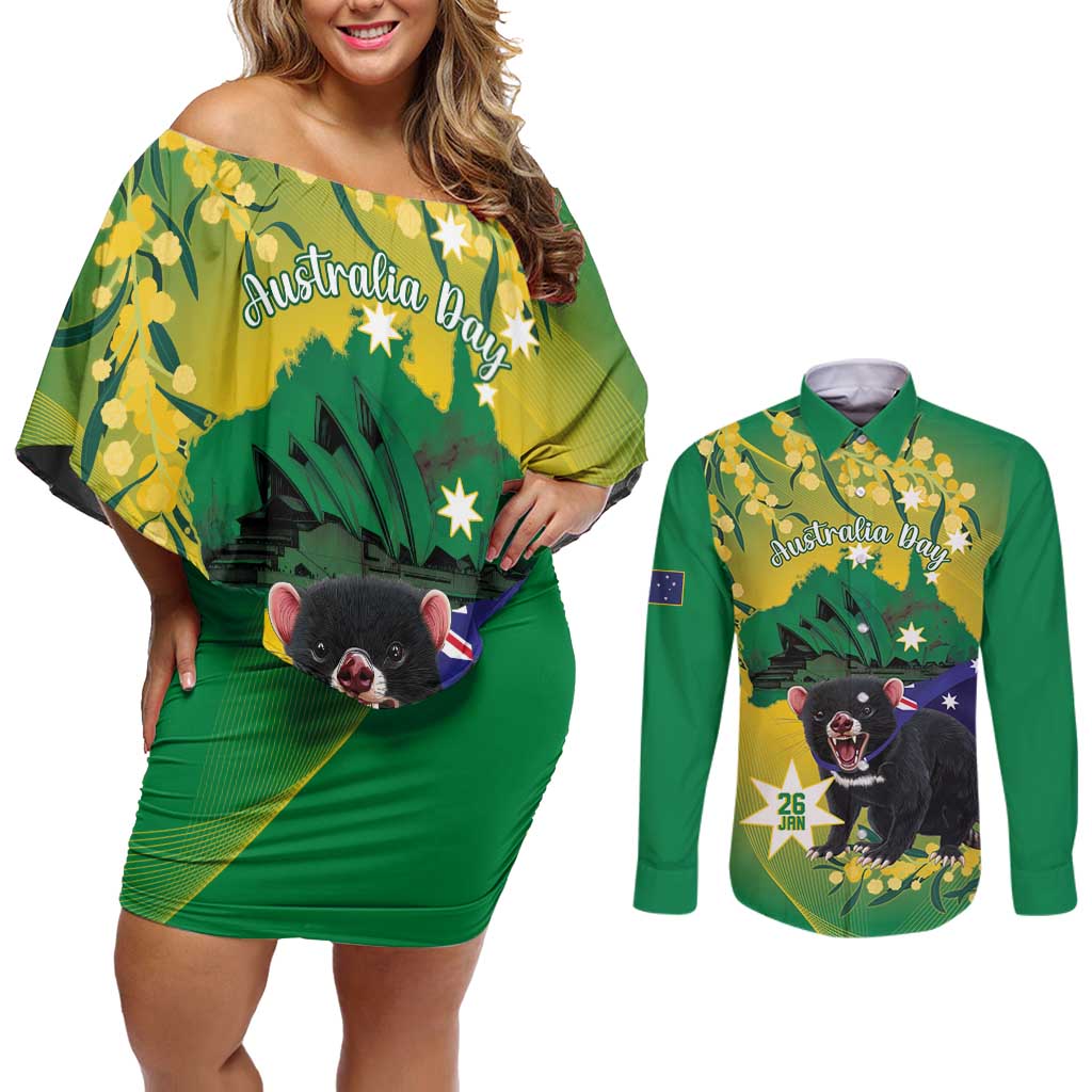 Tasimania Devil Australia Day Couples Matching Off Shoulder Short Dress and Long Sleeve Button Shirt Aussie Aussie Aussie Oi! Oi! Oi! - Green