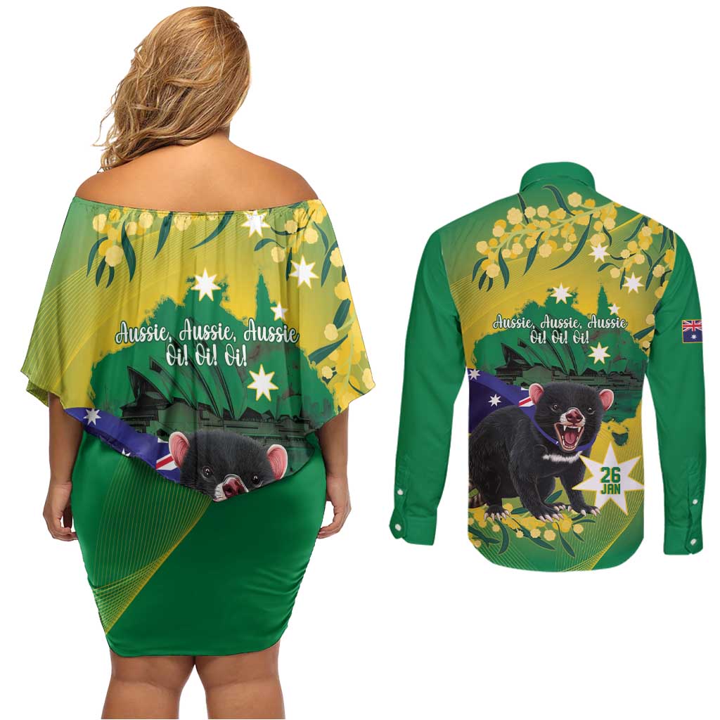 Tasimania Devil Australia Day Couples Matching Off Shoulder Short Dress and Long Sleeve Button Shirt Aussie Aussie Aussie Oi! Oi! Oi! - Green