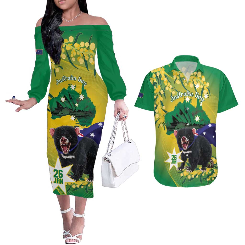 Tasimania Devil Australia Day Couples Matching Off The Shoulder Long Sleeve Dress and Hawaiian Shirt Aussie Aussie Aussie Oi! Oi! Oi! - Green