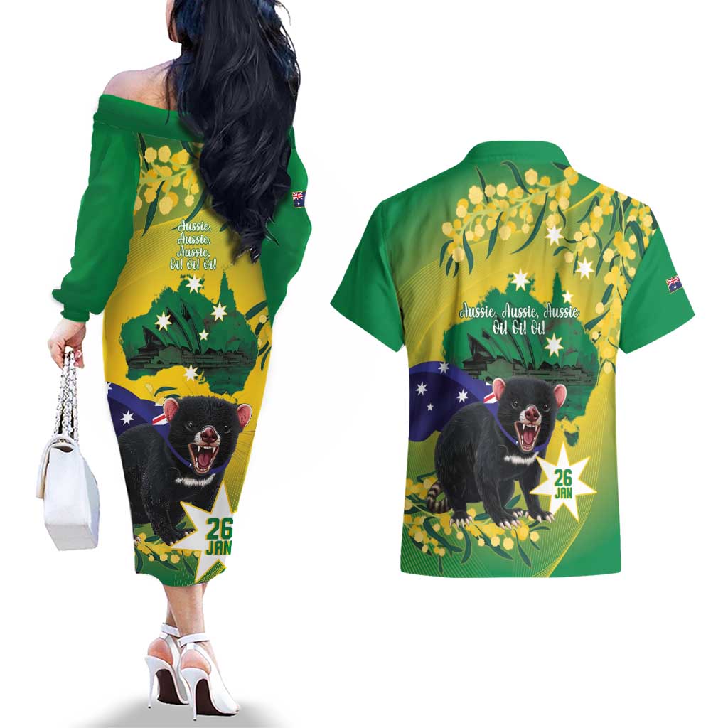 Tasimania Devil Australia Day Couples Matching Off The Shoulder Long Sleeve Dress and Hawaiian Shirt Aussie Aussie Aussie Oi! Oi! Oi! - Green