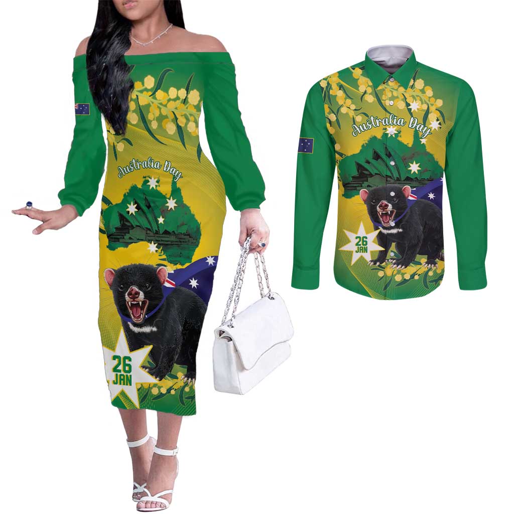 Tasimania Devil Australia Day Couples Matching Off The Shoulder Long Sleeve Dress and Long Sleeve Button Shirt Aussie Aussie Aussie Oi! Oi! Oi! - Green