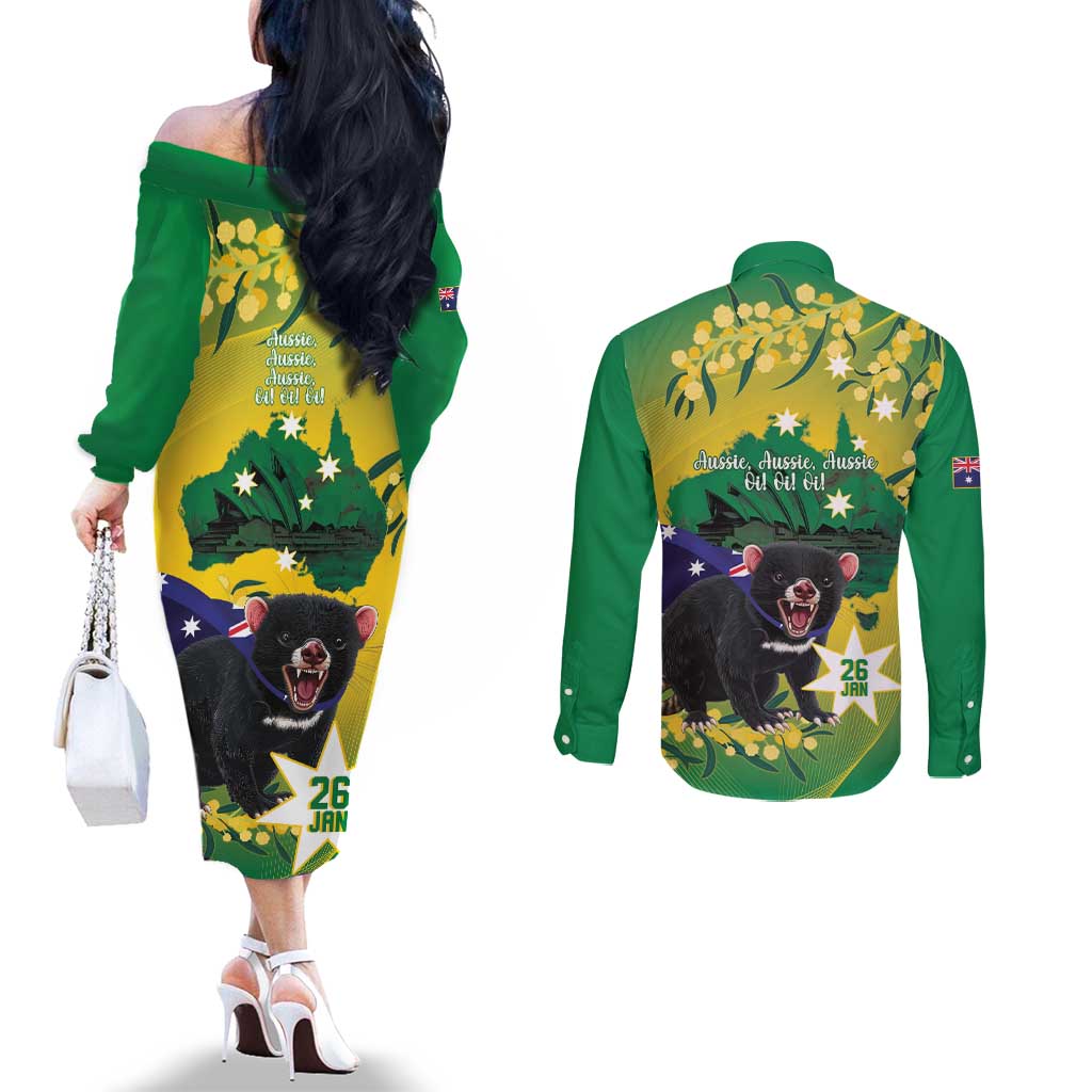 Tasimania Devil Australia Day Couples Matching Off The Shoulder Long Sleeve Dress and Long Sleeve Button Shirt Aussie Aussie Aussie Oi! Oi! Oi! - Green