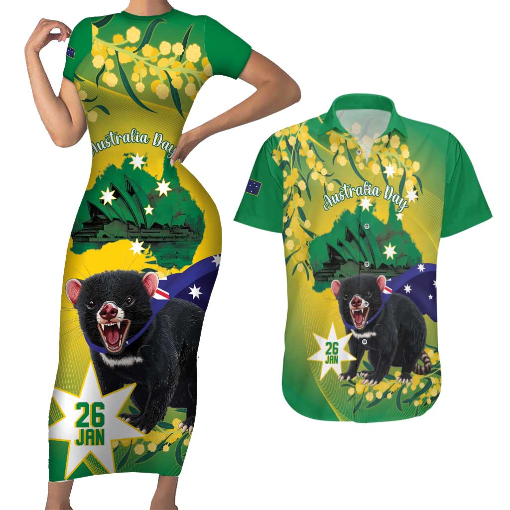 Tasimania Devil Australia Day Couples Matching Short Sleeve Bodycon Dress and Hawaiian Shirt Aussie Aussie Aussie Oi! Oi! Oi! - Green