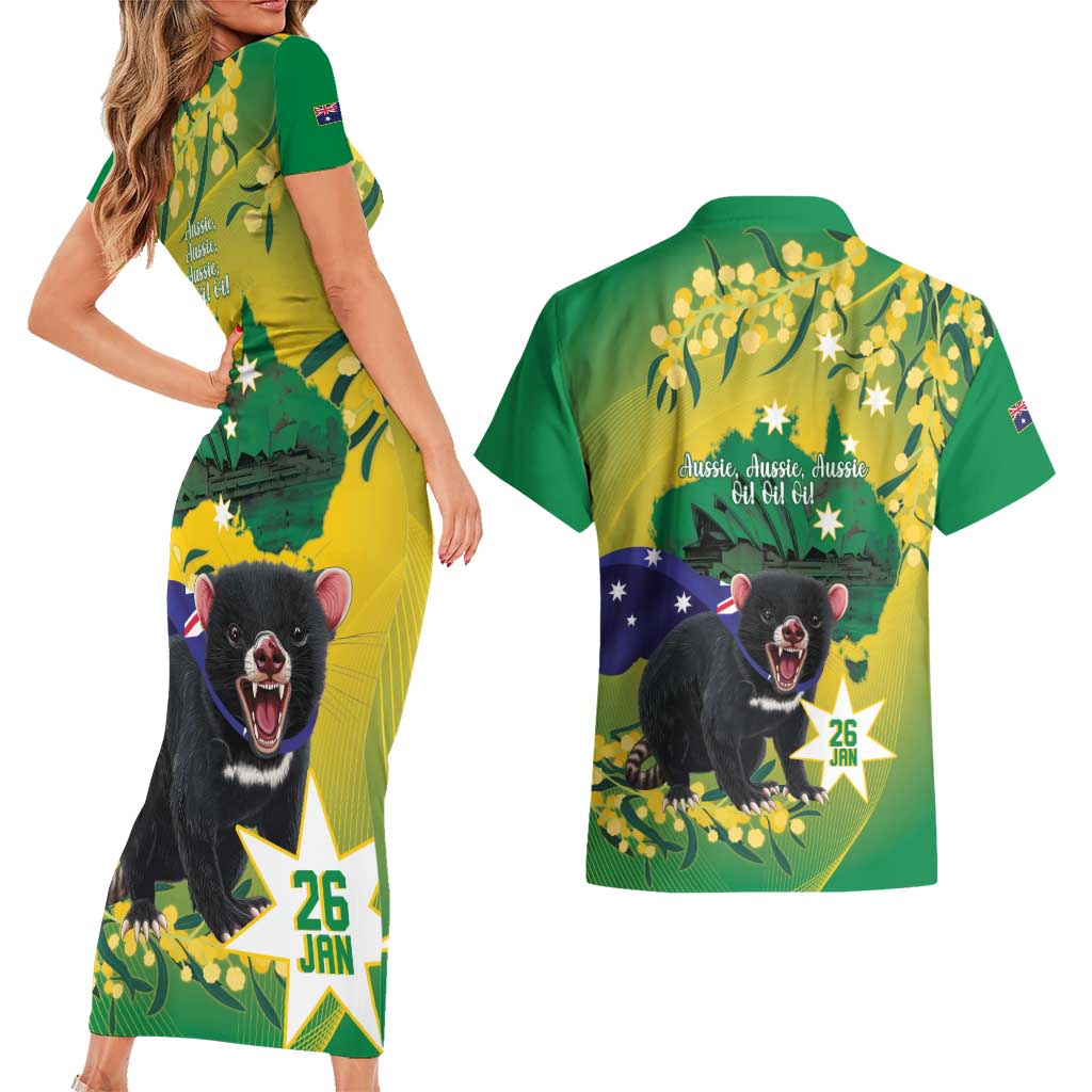 Tasimania Devil Australia Day Couples Matching Short Sleeve Bodycon Dress and Hawaiian Shirt Aussie Aussie Aussie Oi! Oi! Oi! - Green