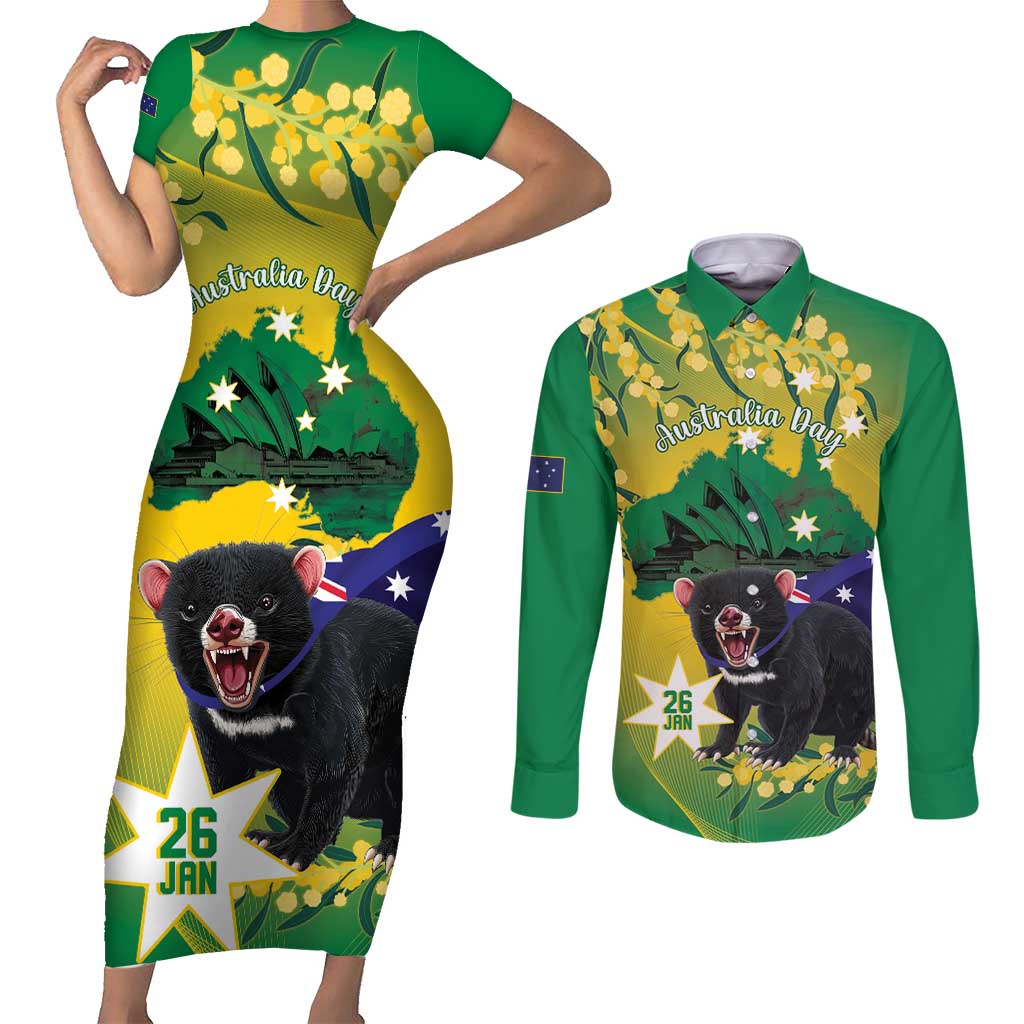 Tasimania Devil Australia Day Couples Matching Short Sleeve Bodycon Dress and Long Sleeve Button Shirt Aussie Aussie Aussie Oi! Oi! Oi! - Green