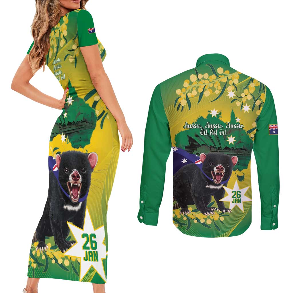 Tasimania Devil Australia Day Couples Matching Short Sleeve Bodycon Dress and Long Sleeve Button Shirt Aussie Aussie Aussie Oi! Oi! Oi! - Green