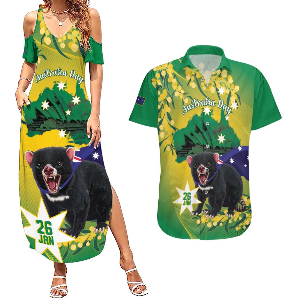 Tasimania Devil Australia Day Couples Matching Summer Maxi Dress and Hawaiian Shirt Aussie Aussie Aussie Oi! Oi! Oi! - Green