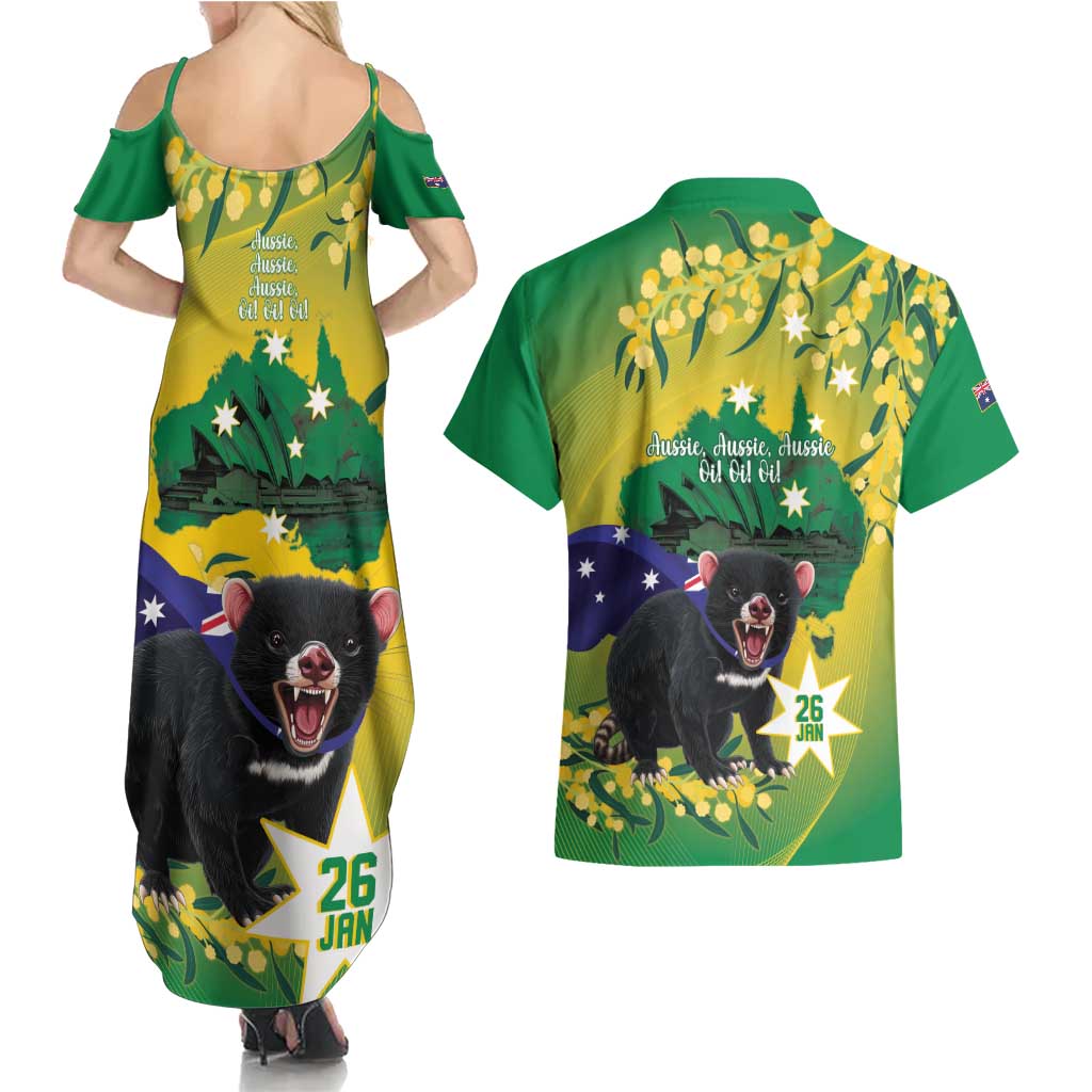 Tasimania Devil Australia Day Couples Matching Summer Maxi Dress and Hawaiian Shirt Aussie Aussie Aussie Oi! Oi! Oi! - Green