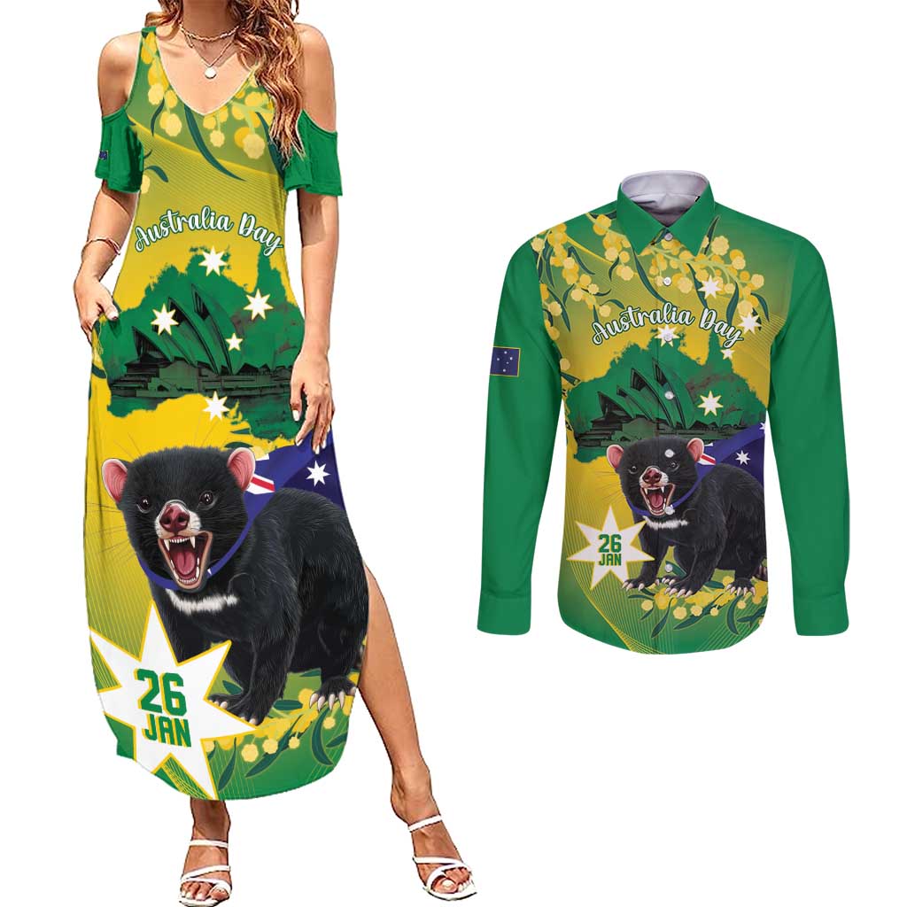 Tasimania Devil Australia Day Couples Matching Summer Maxi Dress and Long Sleeve Button Shirt Aussie Aussie Aussie Oi! Oi! Oi! - Green