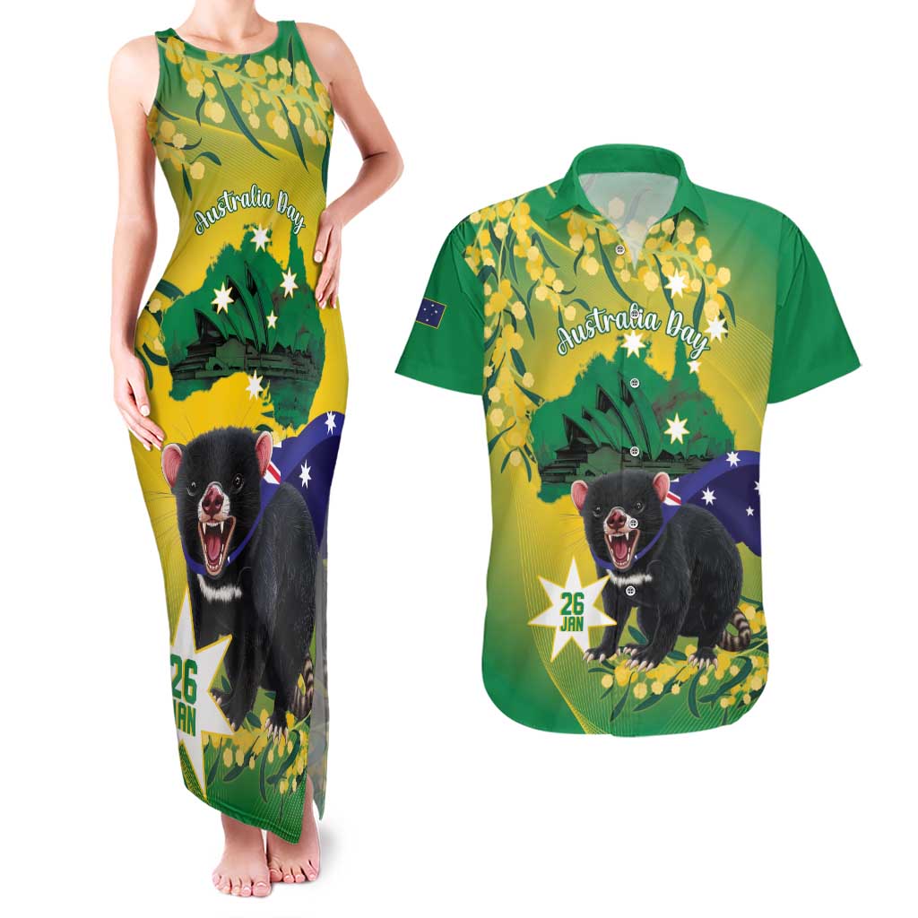 Tasimania Devil Australia Day Couples Matching Tank Maxi Dress and Hawaiian Shirt Aussie Aussie Aussie Oi! Oi! Oi! - Green