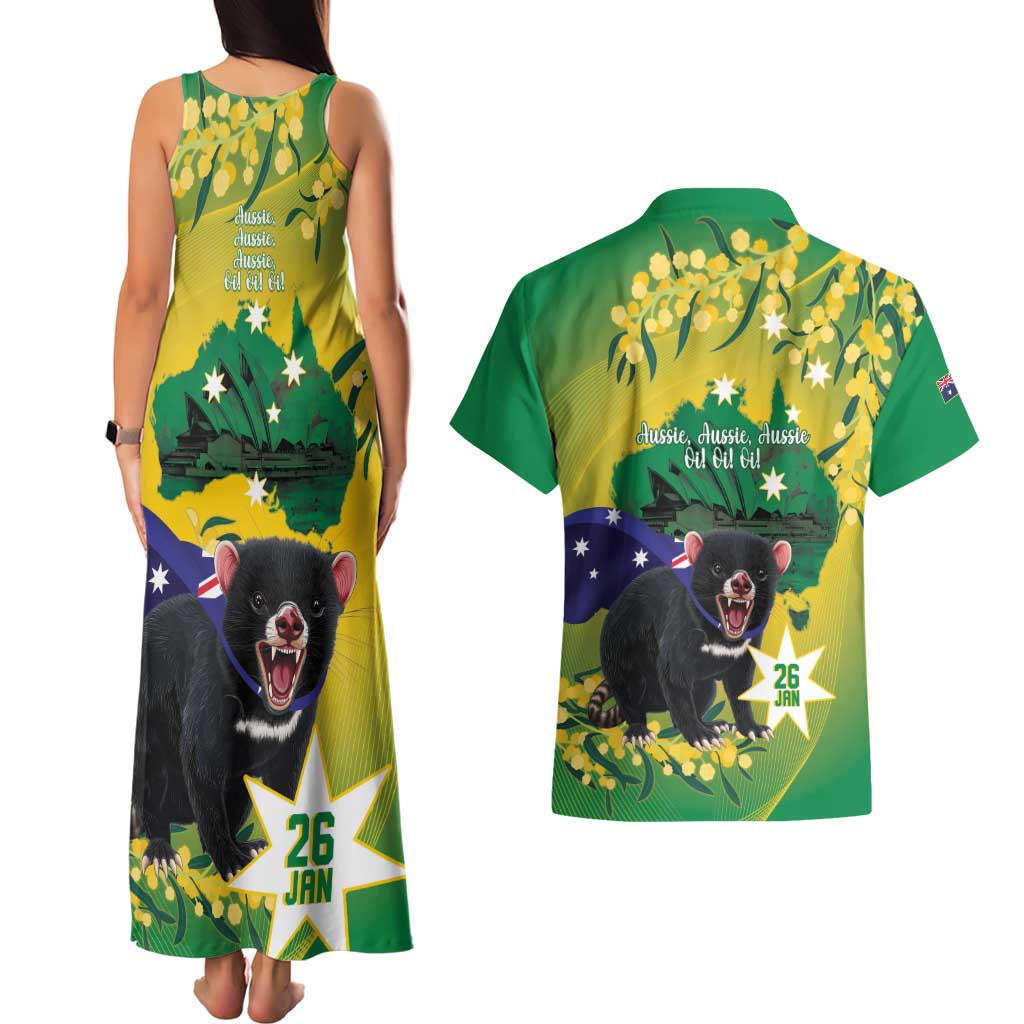 Tasimania Devil Australia Day Couples Matching Tank Maxi Dress and Hawaiian Shirt Aussie Aussie Aussie Oi! Oi! Oi! - Green