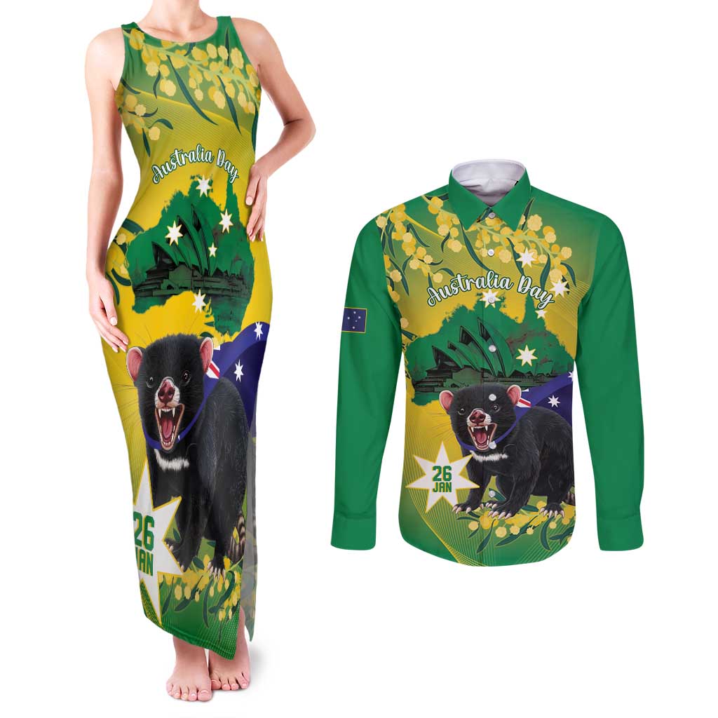 Tasimania Devil Australia Day Couples Matching Tank Maxi Dress and Long Sleeve Button Shirt Aussie Aussie Aussie Oi! Oi! Oi! - Green