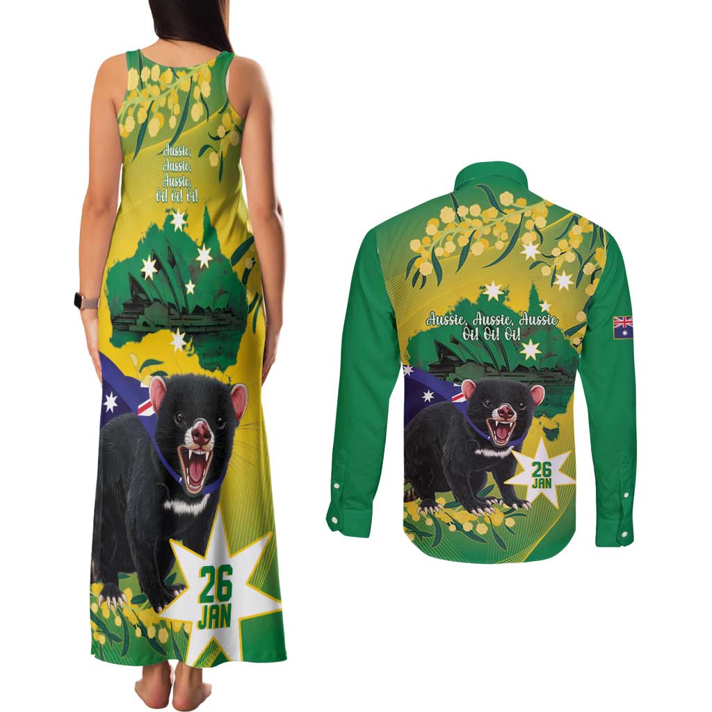 Tasimania Devil Australia Day Couples Matching Tank Maxi Dress and Long Sleeve Button Shirt Aussie Aussie Aussie Oi! Oi! Oi! - Green