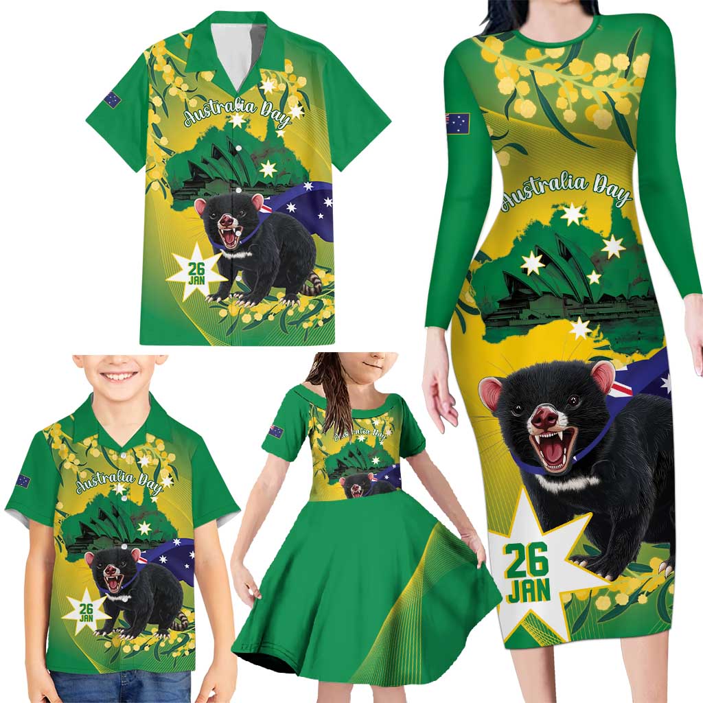 Tasimania Devil Australia Day Family Matching Long Sleeve Bodycon Dress and Hawaiian Shirt Aussie Aussie Aussie Oi! Oi! Oi! - Green