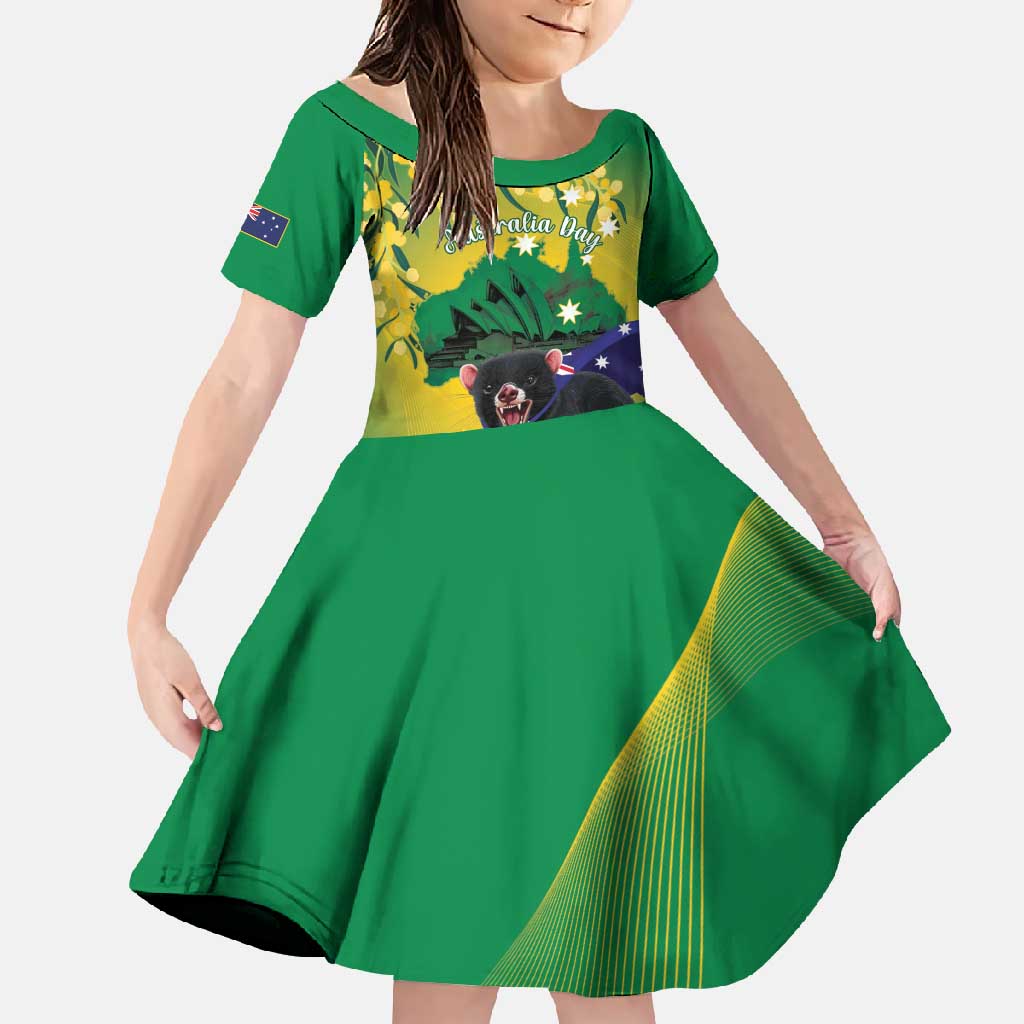 Tasimania Devil Australia Day Family Matching Long Sleeve Bodycon Dress and Hawaiian Shirt Aussie Aussie Aussie Oi! Oi! Oi! - Green