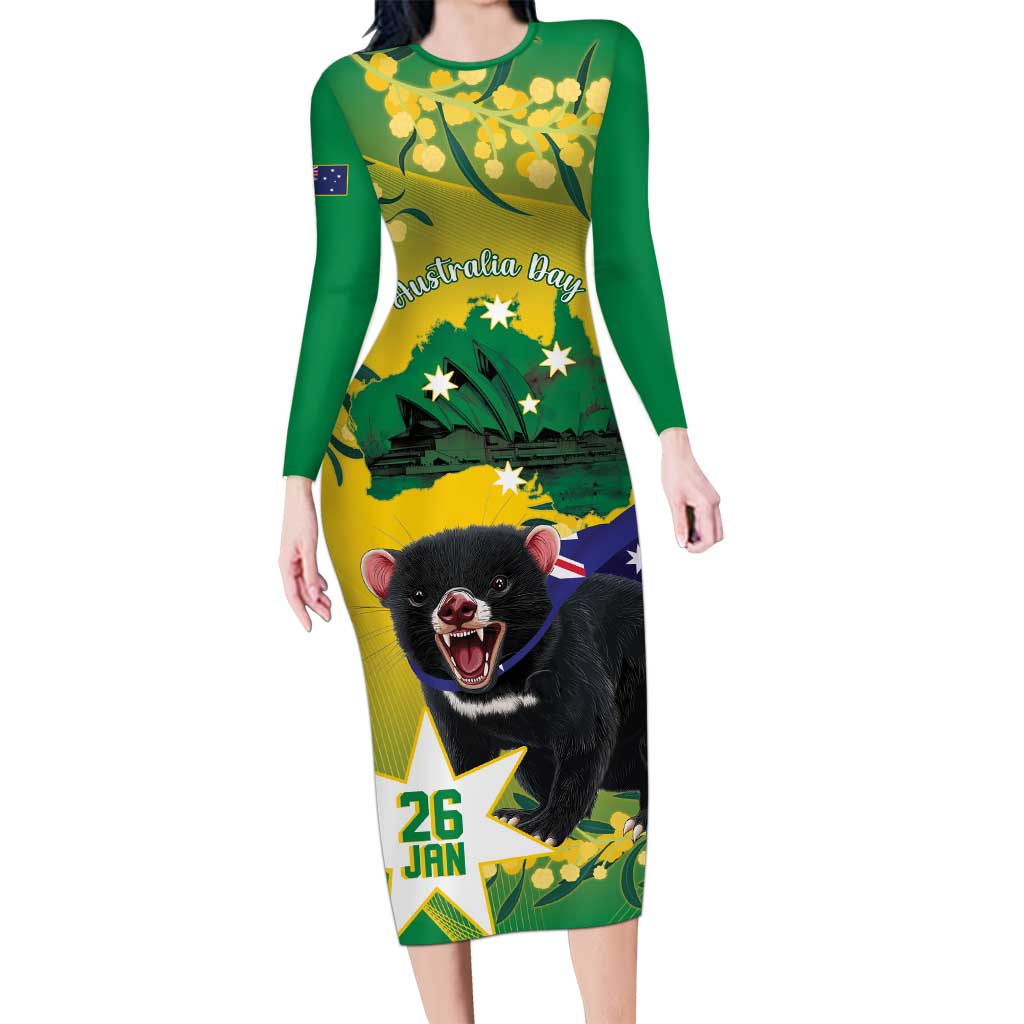 Tasimania Devil Australia Day Family Matching Long Sleeve Bodycon Dress and Hawaiian Shirt Aussie Aussie Aussie Oi! Oi! Oi! - Green