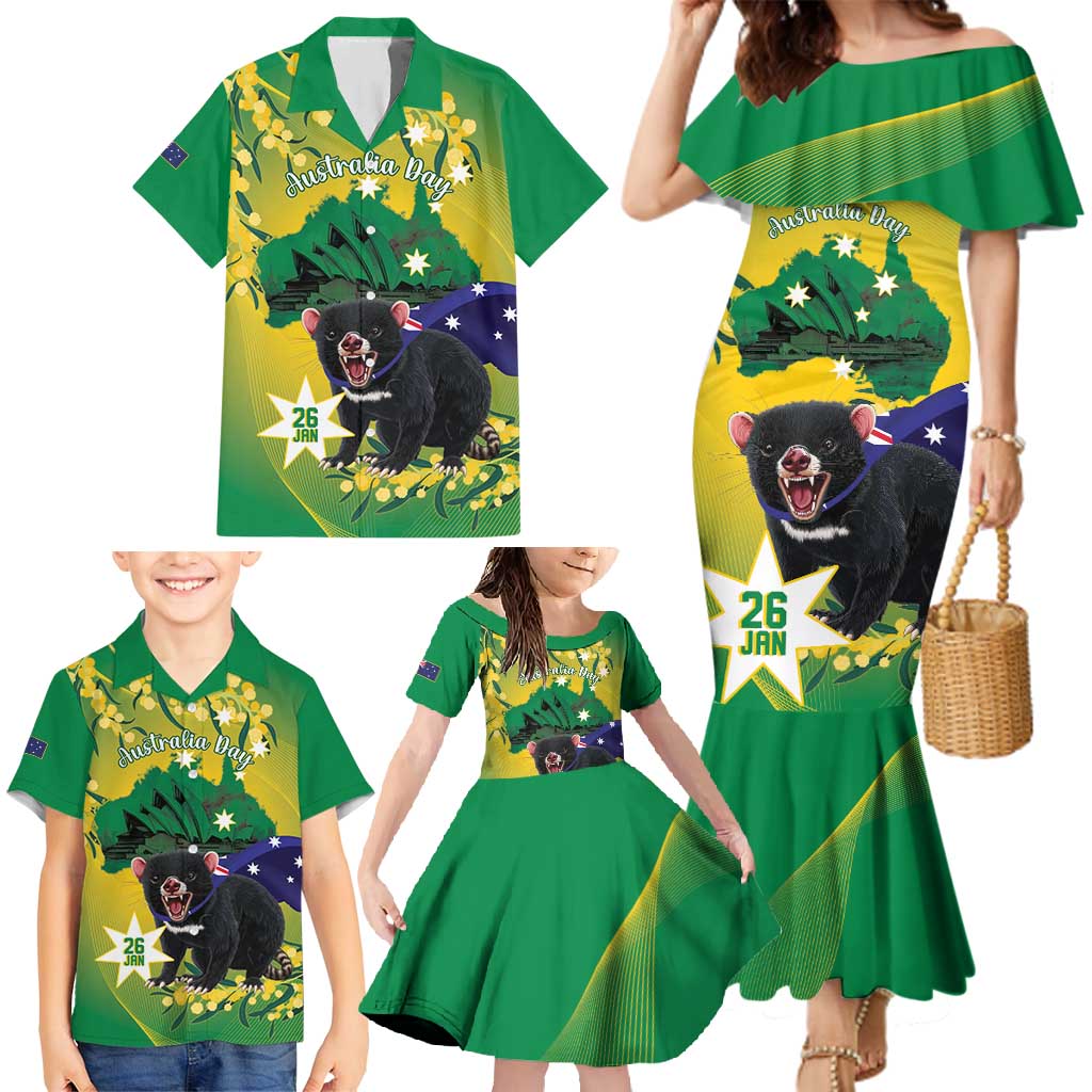 Tasimania Devil Australia Day Family Matching Mermaid Dress and Hawaiian Shirt Aussie Aussie Aussie Oi! Oi! Oi! - Green