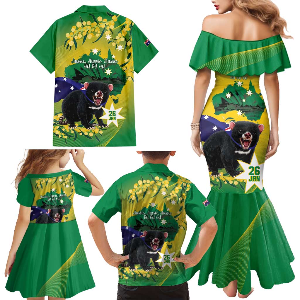 Tasimania Devil Australia Day Family Matching Mermaid Dress and Hawaiian Shirt Aussie Aussie Aussie Oi! Oi! Oi! - Green