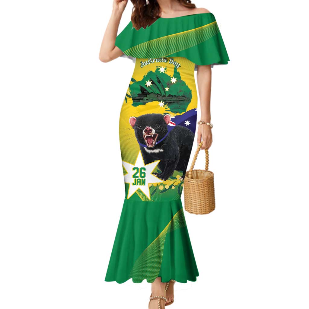 Tasimania Devil Australia Day Family Matching Mermaid Dress and Hawaiian Shirt Aussie Aussie Aussie Oi! Oi! Oi! - Green