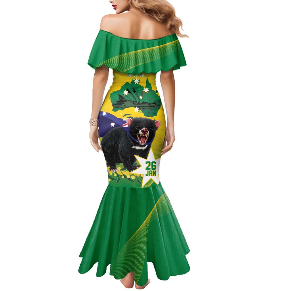 Tasimania Devil Australia Day Family Matching Mermaid Dress and Hawaiian Shirt Aussie Aussie Aussie Oi! Oi! Oi! - Green