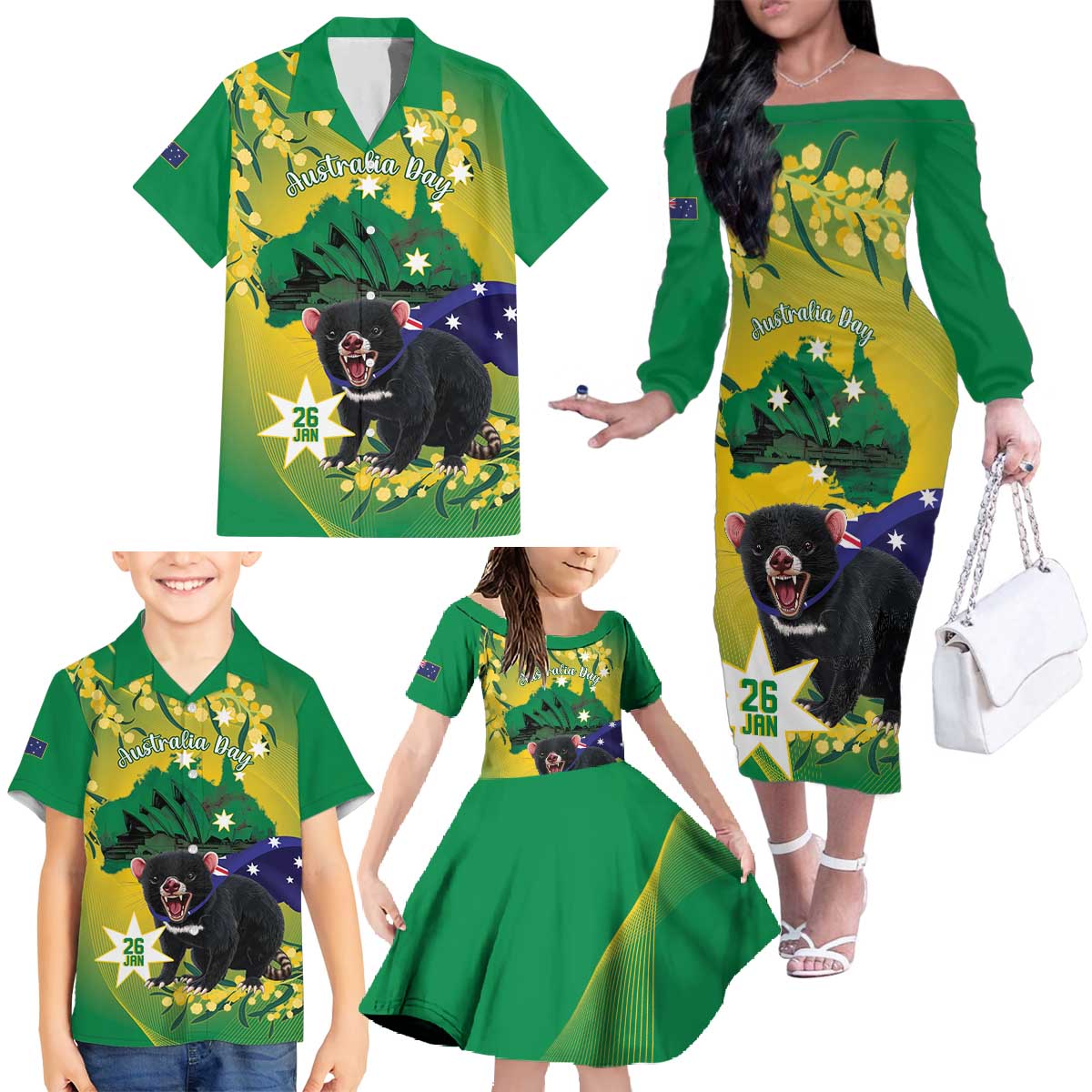 Tasimania Devil Australia Day Family Matching Off The Shoulder Long Sleeve Dress and Hawaiian Shirt Aussie Aussie Aussie Oi! Oi! Oi! - Green