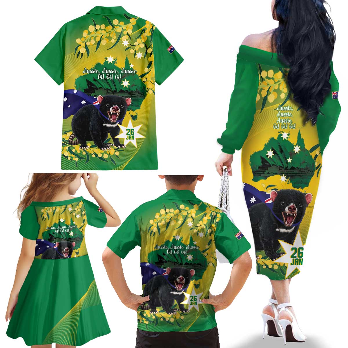 Tasimania Devil Australia Day Family Matching Off The Shoulder Long Sleeve Dress and Hawaiian Shirt Aussie Aussie Aussie Oi! Oi! Oi! - Green