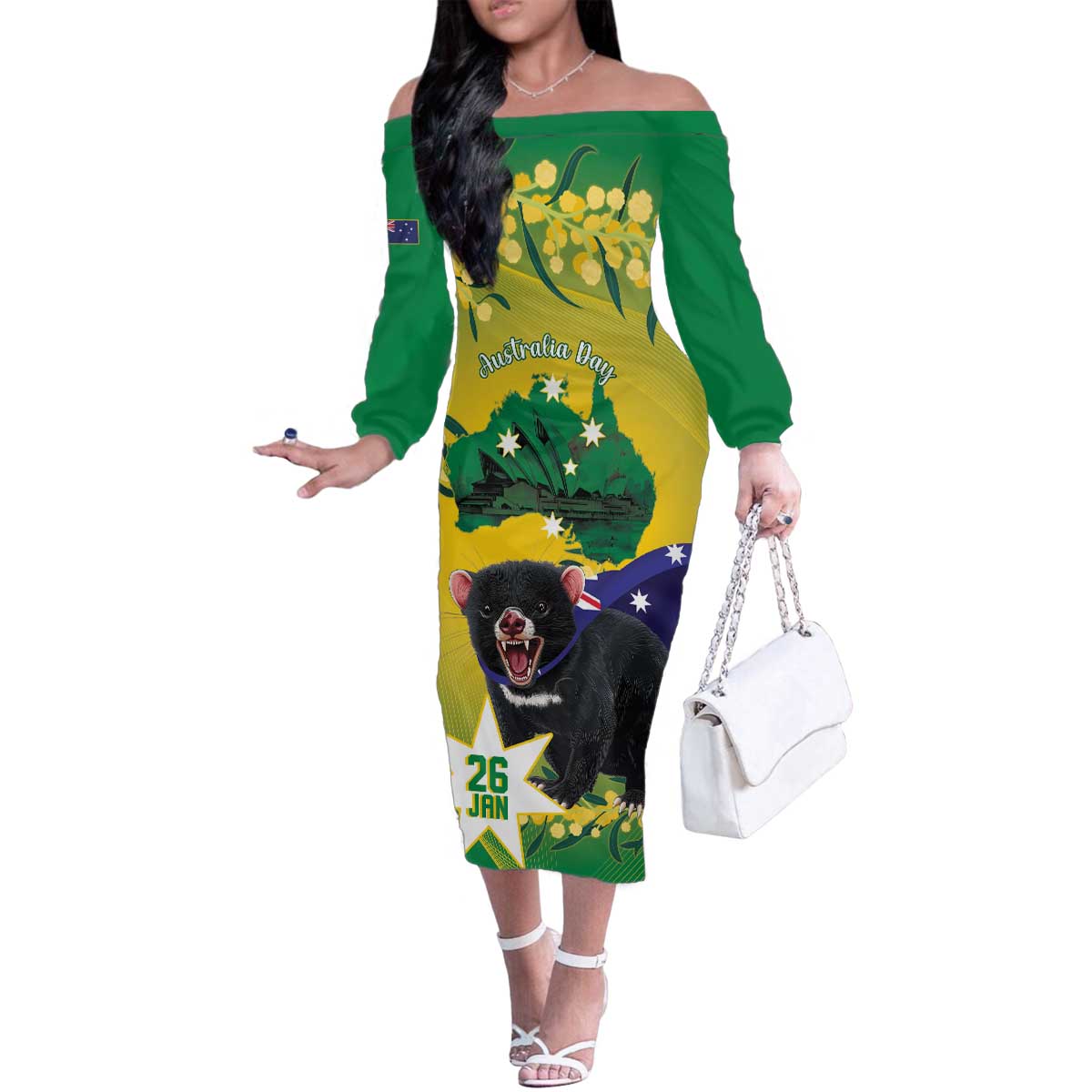 Tasimania Devil Australia Day Family Matching Off The Shoulder Long Sleeve Dress and Hawaiian Shirt Aussie Aussie Aussie Oi! Oi! Oi! - Green