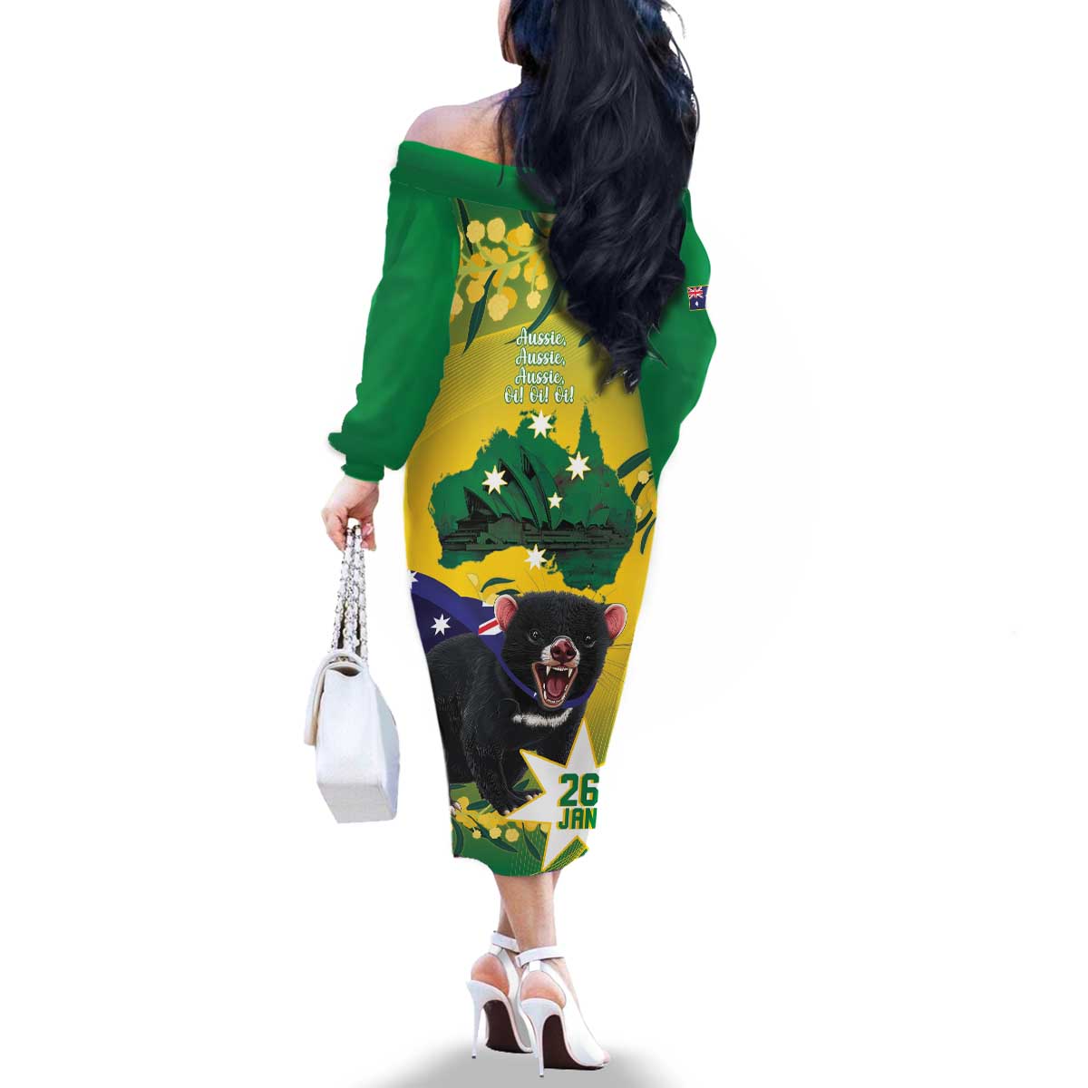 Tasimania Devil Australia Day Family Matching Off The Shoulder Long Sleeve Dress and Hawaiian Shirt Aussie Aussie Aussie Oi! Oi! Oi! - Green