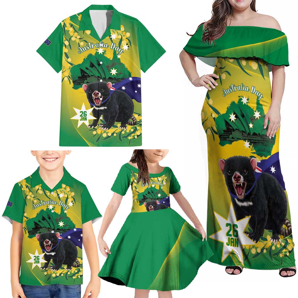 Tasimania Devil Australia Day Family Matching Off Shoulder Maxi Dress and Hawaiian Shirt Aussie Aussie Aussie Oi! Oi! Oi! - Green