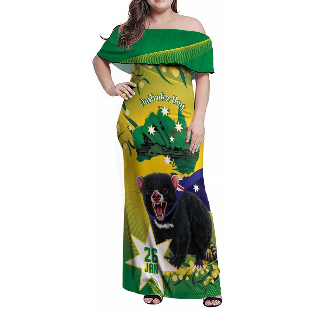 Tasimania Devil Australia Day Family Matching Off Shoulder Maxi Dress and Hawaiian Shirt Aussie Aussie Aussie Oi! Oi! Oi! - Green