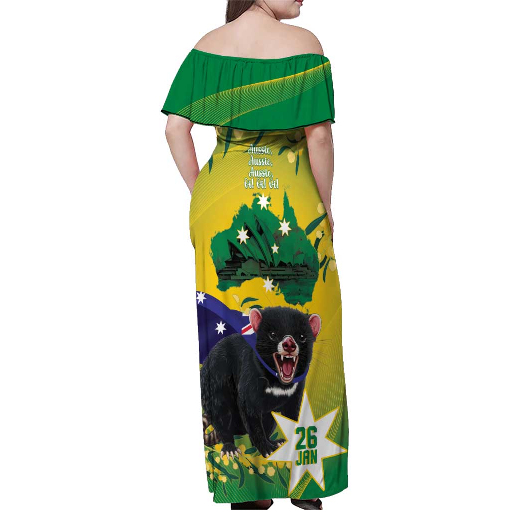 Tasimania Devil Australia Day Family Matching Off Shoulder Maxi Dress and Hawaiian Shirt Aussie Aussie Aussie Oi! Oi! Oi! - Green