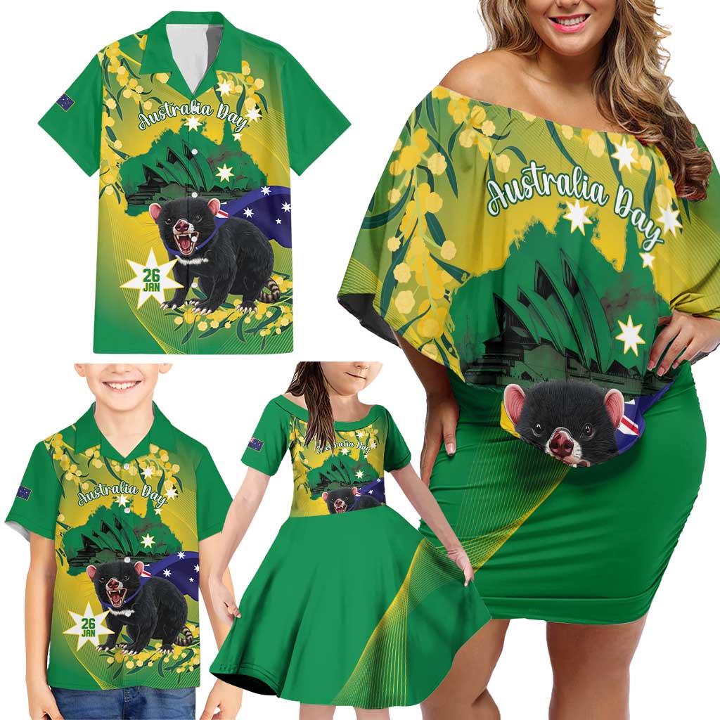 Tasimania Devil Australia Day Family Matching Off Shoulder Short Dress and Hawaiian Shirt Aussie Aussie Aussie Oi! Oi! Oi! - Green