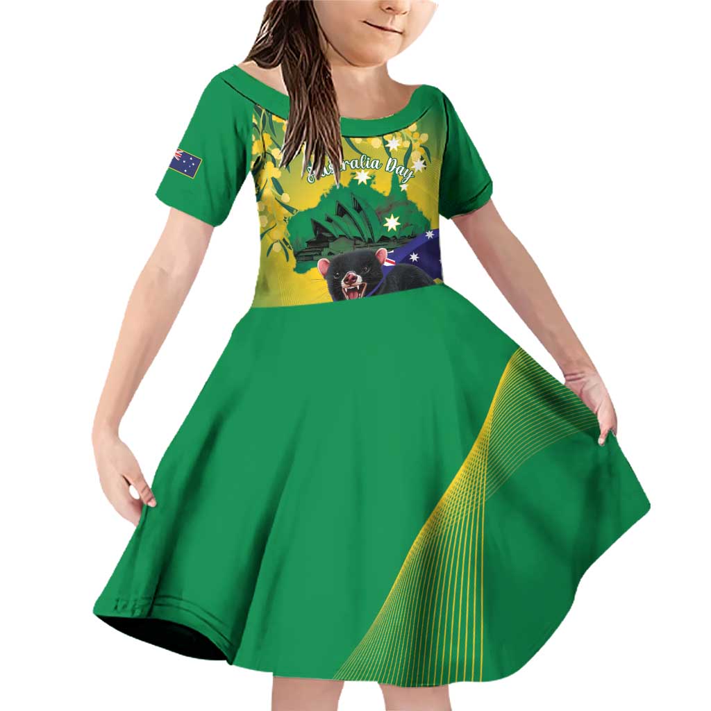 Tasimania Devil Australia Day Family Matching Off Shoulder Short Dress and Hawaiian Shirt Aussie Aussie Aussie Oi! Oi! Oi! - Green