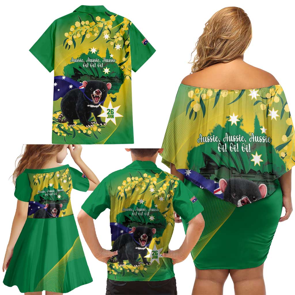 Tasimania Devil Australia Day Family Matching Off Shoulder Short Dress and Hawaiian Shirt Aussie Aussie Aussie Oi! Oi! Oi! - Green