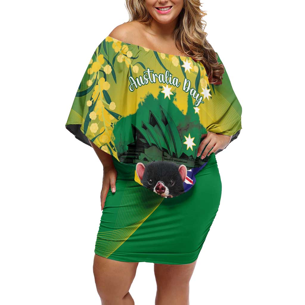 Tasimania Devil Australia Day Family Matching Off Shoulder Short Dress and Hawaiian Shirt Aussie Aussie Aussie Oi! Oi! Oi! - Green