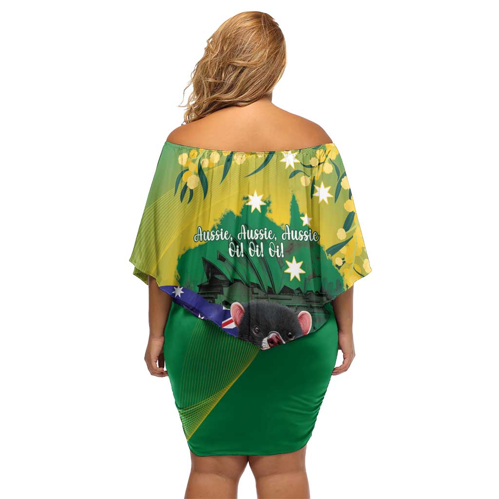 Tasimania Devil Australia Day Family Matching Off Shoulder Short Dress and Hawaiian Shirt Aussie Aussie Aussie Oi! Oi! Oi! - Green