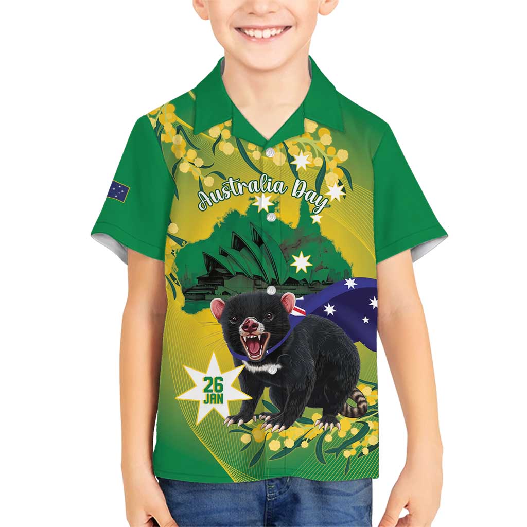 Tasimania Devil Australia Day Family Matching Off Shoulder Short Dress and Hawaiian Shirt Aussie Aussie Aussie Oi! Oi! Oi! - Green