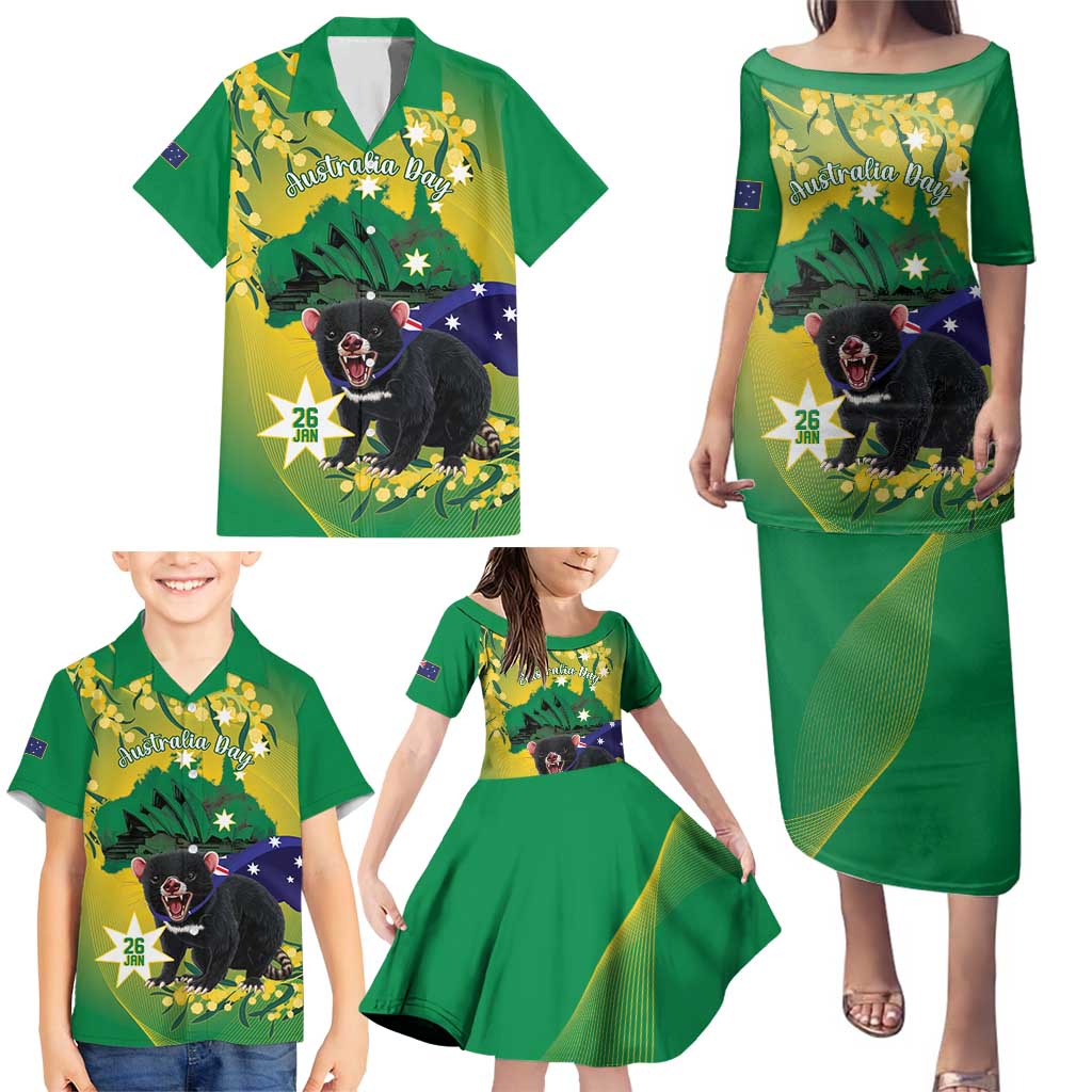 Tasimania Devil Australia Day Family Matching Puletasi and Hawaiian Shirt Aussie Aussie Aussie Oi! Oi! Oi! - Green