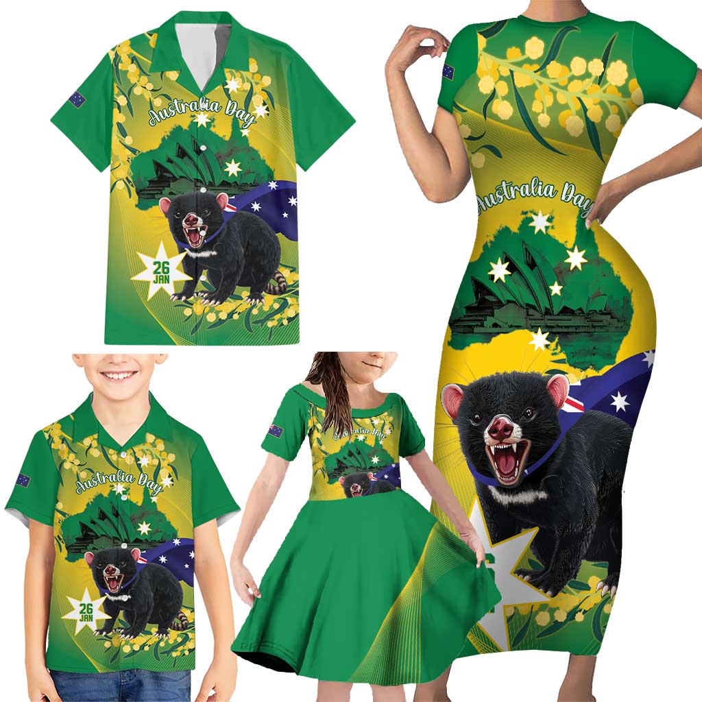 Tasimania Devil Australia Day Family Matching Short Sleeve Bodycon Dress and Hawaiian Shirt Aussie Aussie Aussie Oi! Oi! Oi! - Green