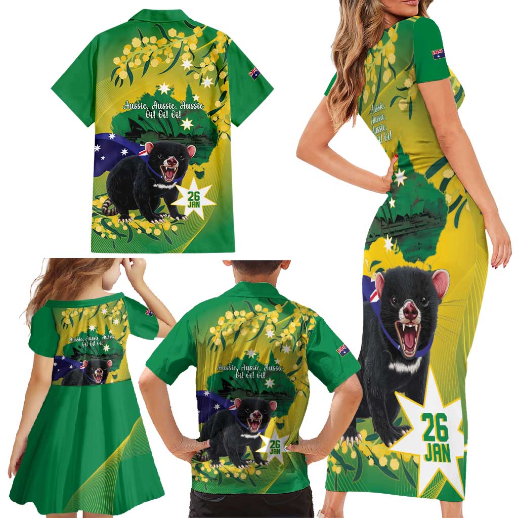 Tasimania Devil Australia Day Family Matching Short Sleeve Bodycon Dress and Hawaiian Shirt Aussie Aussie Aussie Oi! Oi! Oi! - Green