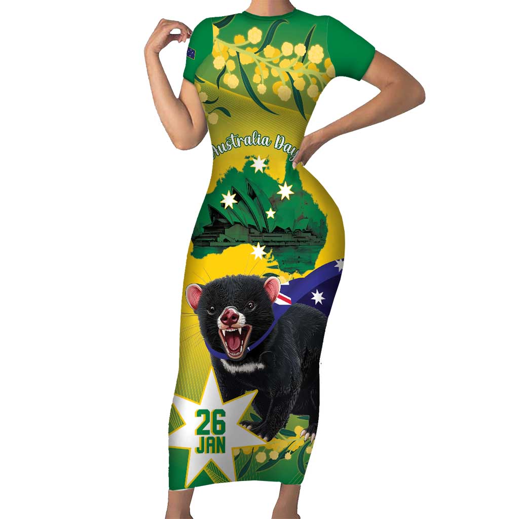 Tasimania Devil Australia Day Family Matching Short Sleeve Bodycon Dress and Hawaiian Shirt Aussie Aussie Aussie Oi! Oi! Oi! - Green