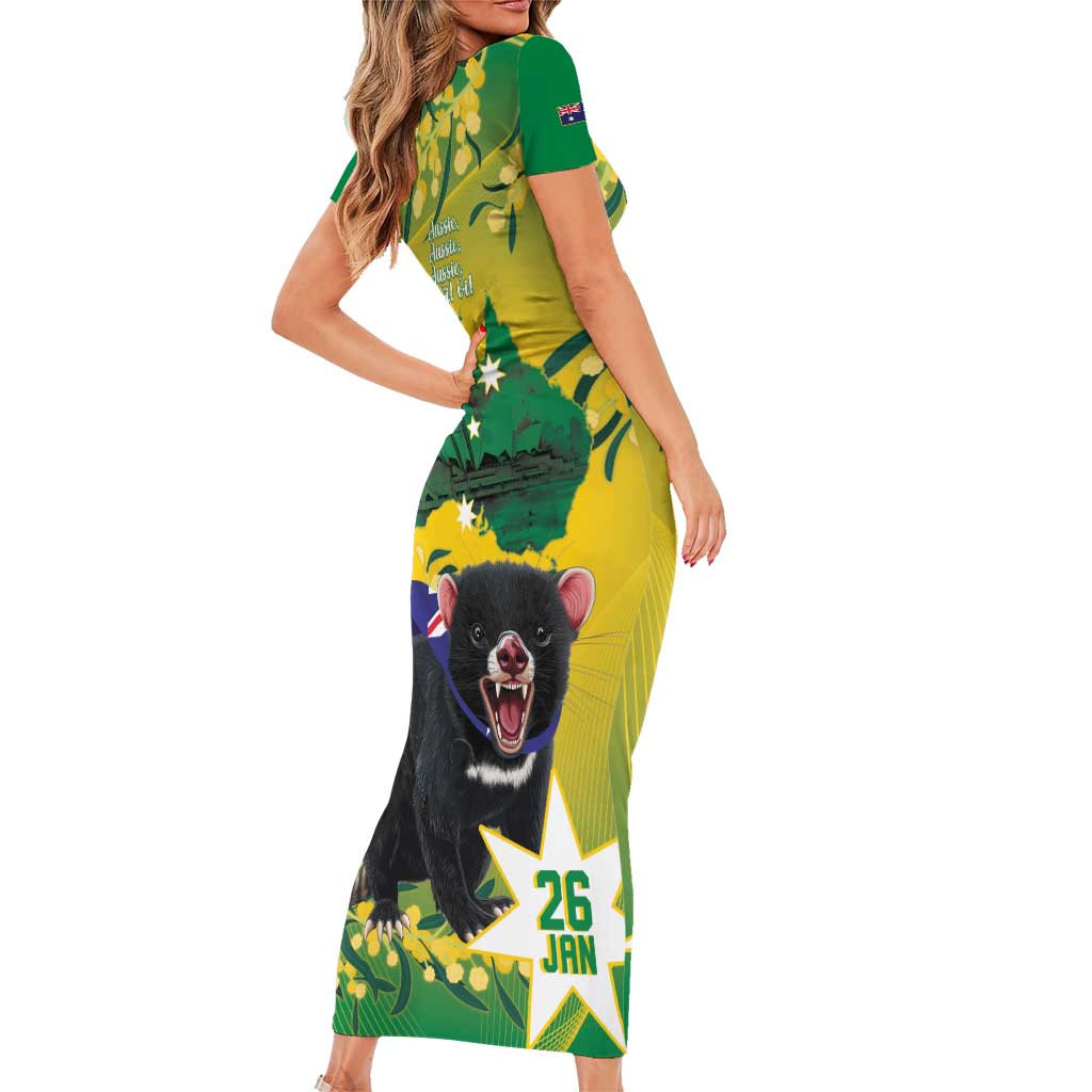 Tasimania Devil Australia Day Family Matching Short Sleeve Bodycon Dress and Hawaiian Shirt Aussie Aussie Aussie Oi! Oi! Oi! - Green