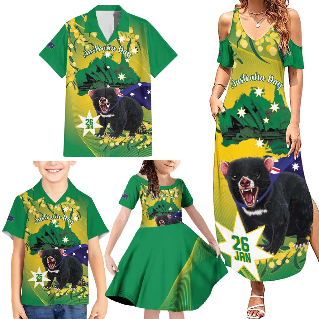 Tasimania Devil Australia Day Family Matching Summer Maxi Dress and Hawaiian Shirt Aussie Aussie Aussie Oi! Oi! Oi! - Green