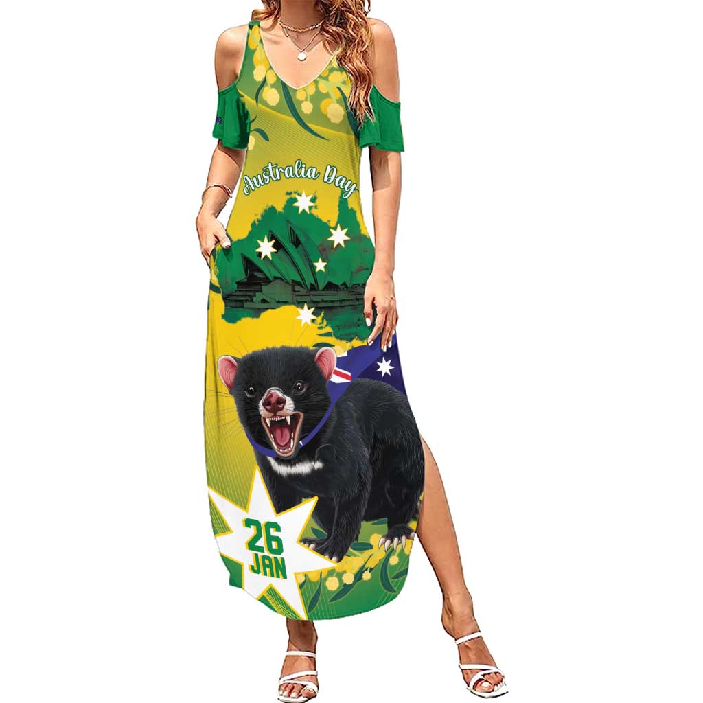 Tasimania Devil Australia Day Family Matching Summer Maxi Dress and Hawaiian Shirt Aussie Aussie Aussie Oi! Oi! Oi! - Green