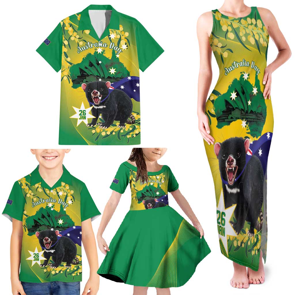 Tasimania Devil Australia Day Family Matching Tank Maxi Dress and Hawaiian Shirt Aussie Aussie Aussie Oi! Oi! Oi! - Green