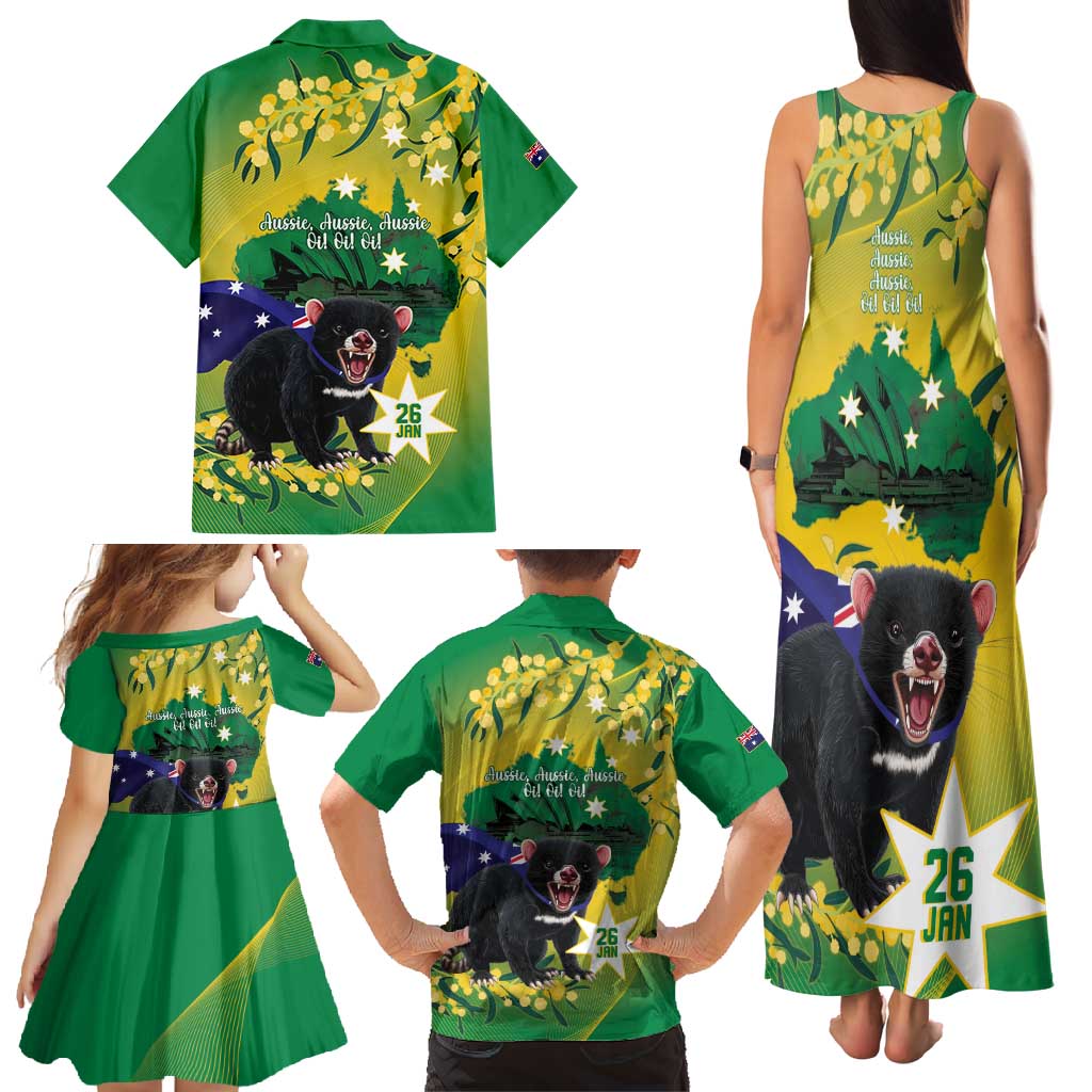 Tasimania Devil Australia Day Family Matching Tank Maxi Dress and Hawaiian Shirt Aussie Aussie Aussie Oi! Oi! Oi! - Green