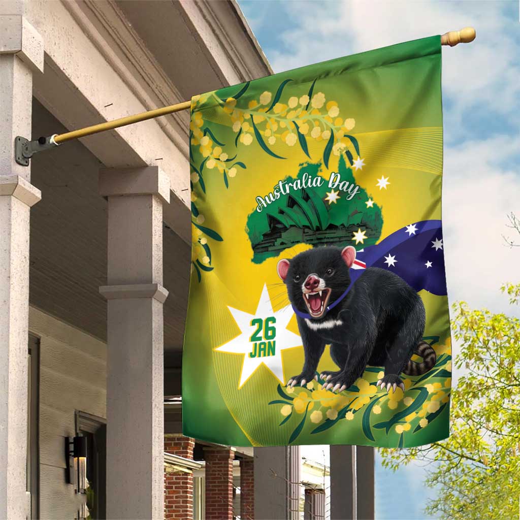 Tasimania Devil Australia Day Garden Flag Aussie Aussie Aussie Oi! Oi! Oi! - Green - Vibe Hoodie Shop