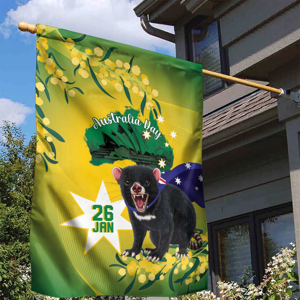 Tasimania Devil Australia Day Garden Flag Aussie Aussie Aussie Oi! Oi! Oi! - Green - Vibe Hoodie Shop