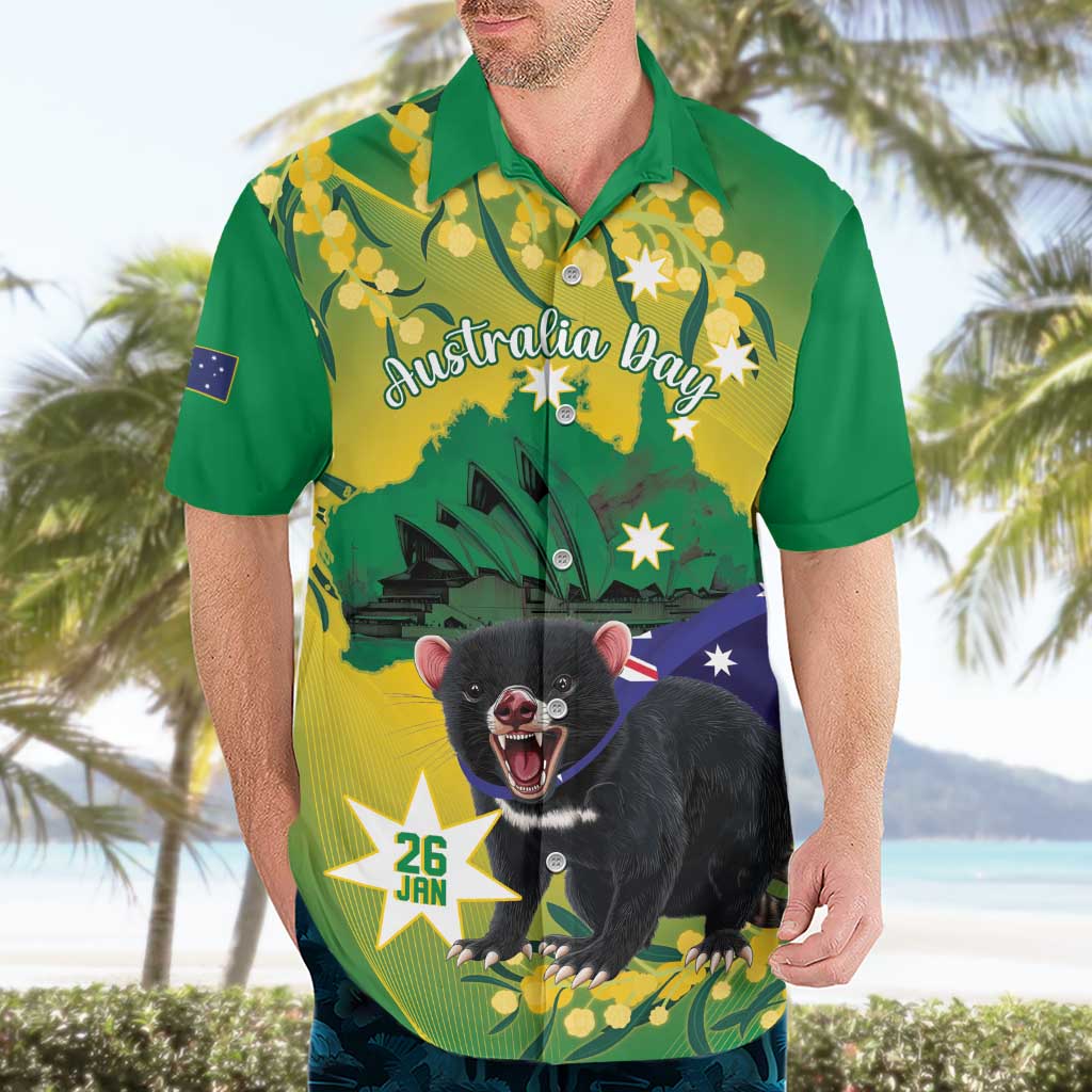 Tasimania Devil Australia Day Hawaiian Shirt Aussie Aussie Aussie Oi! Oi! Oi! - Green - Vibe Hoodie Shop